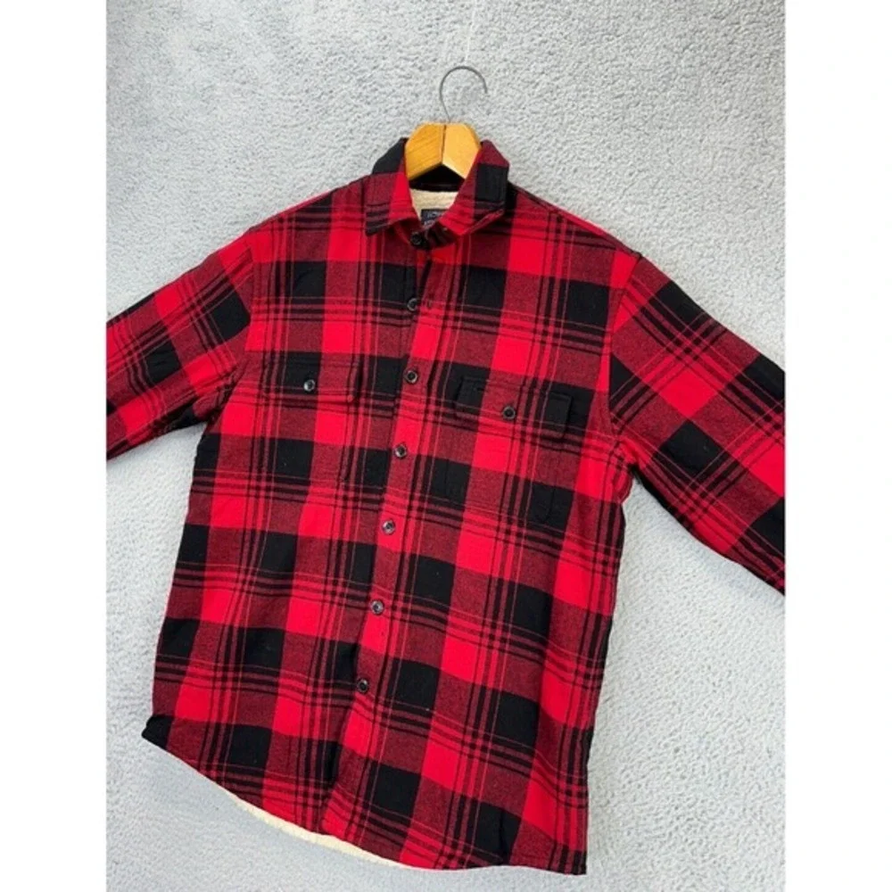 J Crew Shirt Mens Small Red Tartan Plaid Outerwear Sherpa Lined Shacket NEW A3